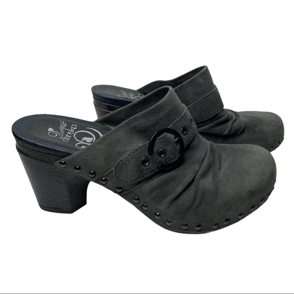 Dansko Nadine Grey Suede Buckle Mules Clogs Sz 38